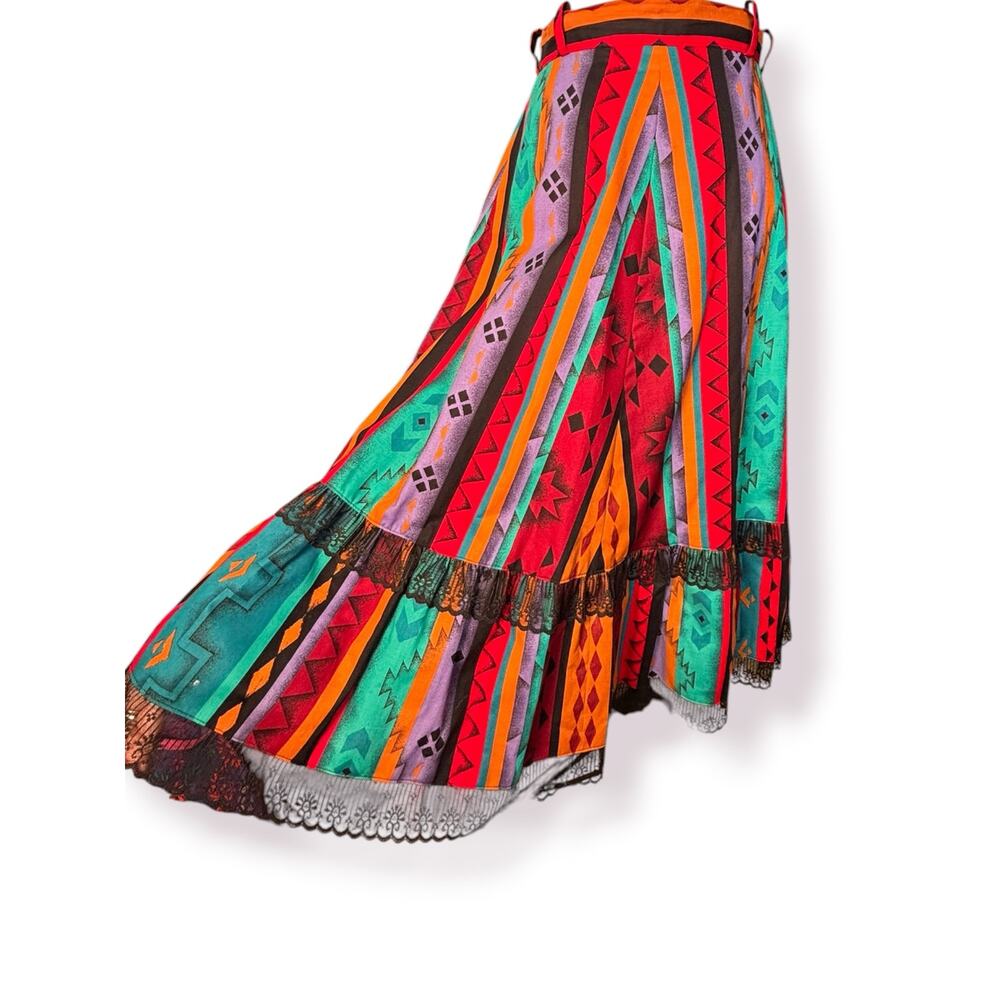 Vintage Handmade Southwestern Geometric Flowing Midi Skirt Lace Trim Boho Ranch